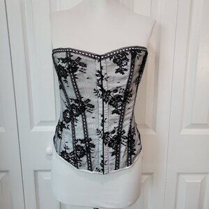 White Black Floral Lace Overlay Hook-and-Eye Lace-Up Sleeveless Corset Top sz L